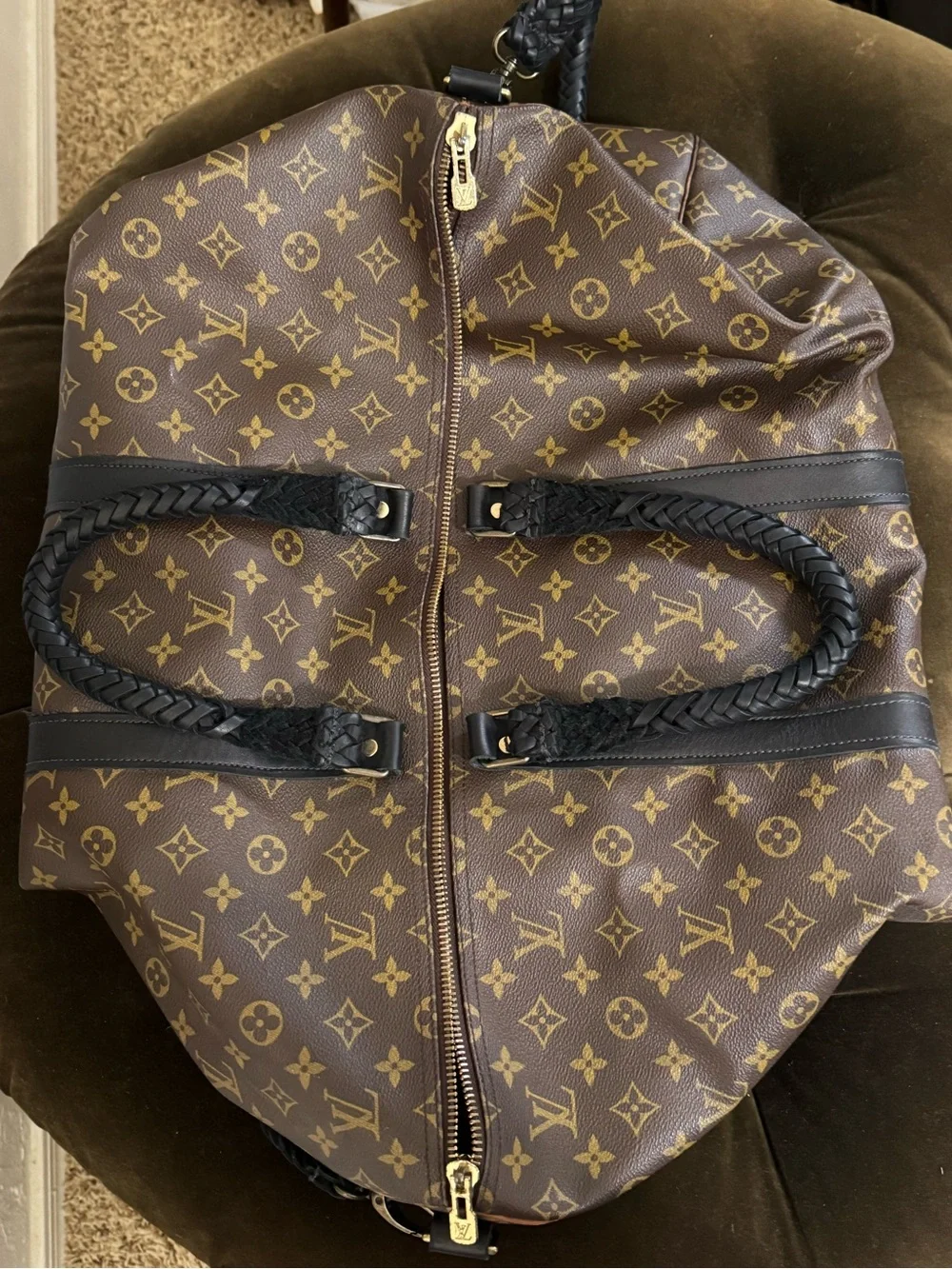 Louis Vuitton Brown Monogram Duffel Bag with Black Braided Handles